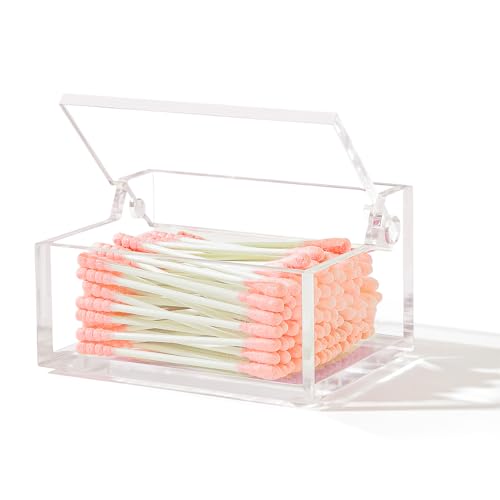 Dealpoli Clear Acrylic Qtip Holder with Lid, Cotton Balls Swab Organizer, 3.9" x 2.8" x 2" Dispenser for Makeup Pad, Floss...
