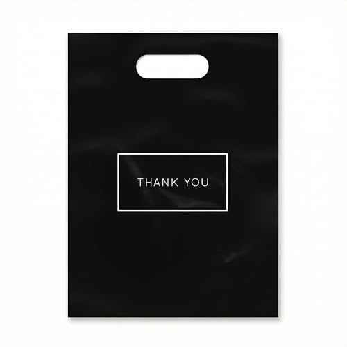 Purple Q Crafts Die Cut Plastic Shopping Bags with Thank You Logo 9" x 12" Boutique Bags with Handles 50 Pack for Merchand...