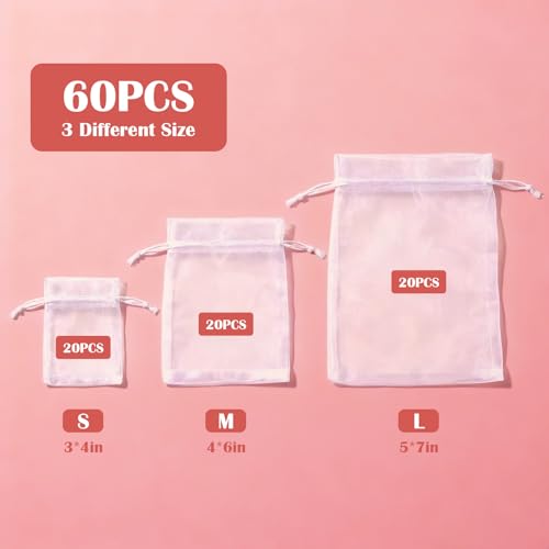 3 Size Organza Bags, 60 Pcs White Mesh Drawstring Gift Bags, Jewelry Pouches for Party Festival Candy Wedding Favors Chris...