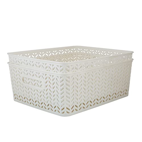 Simplify 2 Pack Medium Herringbone Storage Basket | Dimensions: 14"x11.5"x5.15" | Multipurpose | Home Organization | 2 Ope...