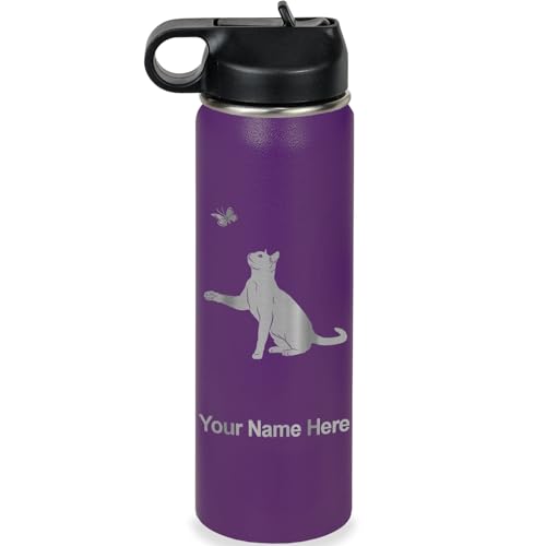 LaserGram Personalized Water Bottle, Cat with Butterfly, Stainless Steel Double Wall Vacuum Insulated with Flip Top Straw,...