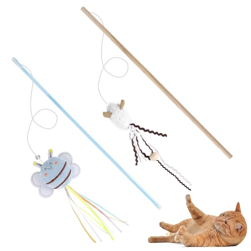 NOWFRESH Cat Wand Toy Set, 2 PCS Interactive Cat Teaser Wands with Cute Bee & Mouse Designs, Equipped with Bells and Strea...