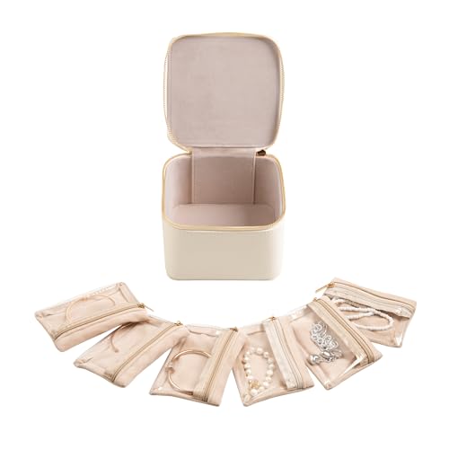Frebeauty Small Travel Jewelry Box with 6 Pouch Bags, Portable Mini Jewelry Storage, 3.35 x 4.9 x 4.8 Inches, Gift Idea fo...