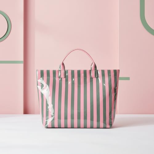 JQWYGB Striped PVC Tote Bag Large Glossy Striped Handbags Waterproof Top Handle Bag Plastic Tote Handbag Beach Travel Work