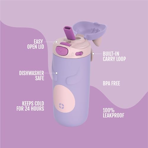 Ello Ellies 12oz Vacuum Insulated Stainless Steel Kids Water Bottle with Straw and Built-in Carrying Handle and Leak-Proof...