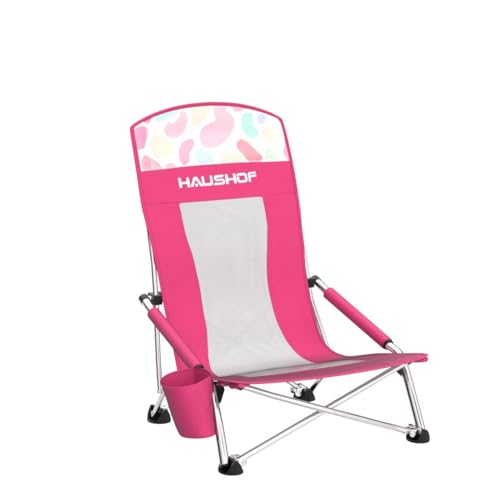 HAUSHOF 2-Pack High Back Beach Chairs, Mesh Back Folding Chair, Lightweight Low Seat Camping Chairs with Cup Holder, Carry...