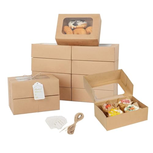 YEKTFS 24 Pcs Cookie Boxes with Window for Paper Gift Giving Brown Bakery Gift Boxes 9 x 6.3 x 3 Inch, Easy Estate Holiday...