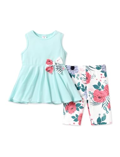 PATPAT Girls Summer 2 Piece Outfits 4-12Y Butterfly Bow Sleeveless Tunic Tops and Floral Print Shorts Cute Clothes