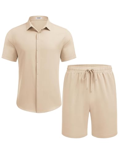COOFANDY Men's Summer Beach Outfits 2 Piece Short Sleeve Shirts and Shorts Vacation Texture Linen Sets for Men