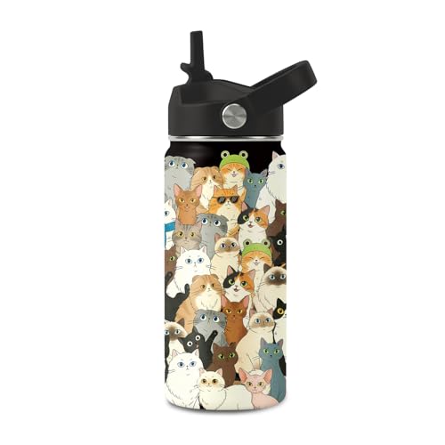 TNASURHUS 16oz Cats Water Bottle with Straw Lid for Cat Lover, Stainless Steel Insulated Tumbler, Leakproof, BPA-Free, for...