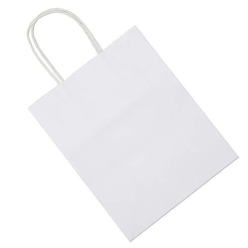 bagmad 100Pcs Pack 8x4.75x10 inch Medium White Kraft Paper Bags with Handles Bulk, Gift Bags, Craft Grocery Shopping Retai...