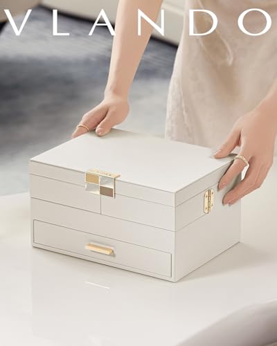 VLANDO 3 Layer Jewelry Box - Women Jewelry Box with Retractable Tray - Jewelry Organizers with Drawer for Necklaces, Ring...