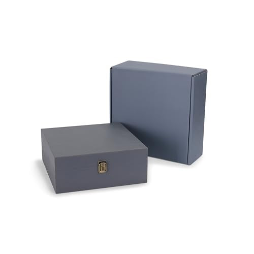 makerflo Medium Grey Pine Wood Memory Box with Hinged with Clasp, Black Felt Inside, Keepsake Wooden Box Ideal for Craft a...