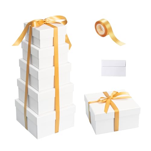 NOVELTYBOXUSA Set of 6 White Nesting Gift Boxes with Lids & Ribbon – Stackable Square Wedding, Birthday, Bridesmaid, Propo...