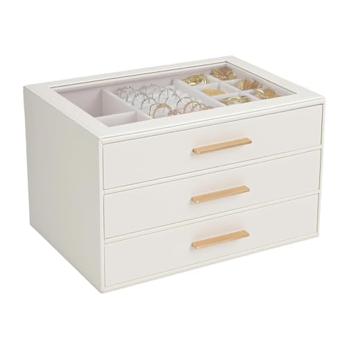 GUOER Jewelry Box for Women, Glass Lid Jewelry Organizer with 3 Drawers PU Jewelry Storage Case for Necklaces Rings Earrin...