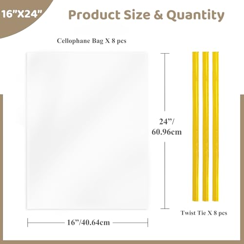 WIKDAY Cellophane Wrap for Gift Baskets 16x24 Inches 8 PCS Large Clear Gift Wrapping Plastic Bags with Ties for Gift Givin...
