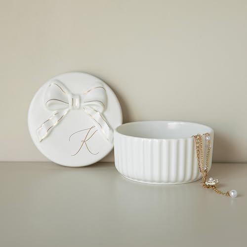 COLLECTIVE HOME Monogram Initial Jewelry Box with Bow - Elegant Ring Holder & Earring Dish | Christmas Gift Idea for Wome...