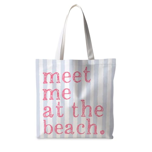 ignytiger Beach Tote Bag, Summer Canvas Striped Tote Bags for Women, Meet Me At The Beach Aesthetic Shopping Bag