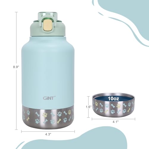 GiNT 37oz Insulated Stainless Steel Dog & Human Water Bottle | Leakproof Travel Dispenser with Detachable 10oz Bowl, 24H C...