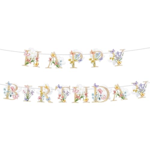 Lemicin Flower Butterfly Happy Birthday Banner Boho Wildflower and Butterflies Baby Banner Flower Birthday Decorations for...