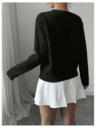 Verdusa Women's Spring 3D Flower Appliques Crewneck Sweaters Long Sleeve Drop Shoulder Pullovers Knit Going Out Tops