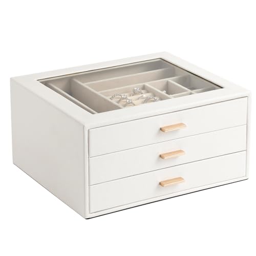 GLOBAL KA Jewelry Box with Glass Lid,3-Layer Jewelry Boxes for Women,PU Leather Jewelry Organizer with 20-Grid Earring Dra...