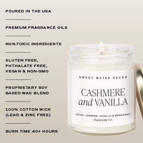 Sweet Water Decor Cashmere and Vanilla Soy Candle - Jasmine, Soft Cashmere, Sandalwood, Vanilla Scented Spring Candle for ...