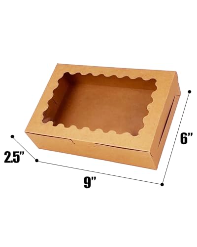 qiqee 50Pcs Brown Cookie Box with Window 9x6x2.5 inch Pastry Macaron Bakery Box For Packaging