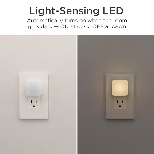 Lights by Night Mini Square LED Night Light, Plug in, Dusk to Dawn Sensor, Warm 3000K, Compact Single Outlet Design (Does...