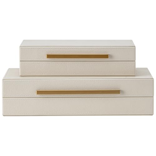 Set of 2 Beige Shagreen Decorative Storage Boxes with Gold Metal Handles – Faux Leather Jewelry & Memory Boxes, Nesting Ph...