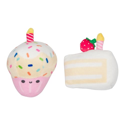 Pearhead Happy Birthday Cake Cat Toy Set, Stuffed Birthday Cake and Cupcake Cat Toys with Catnip and Squeakers, Interactiv...