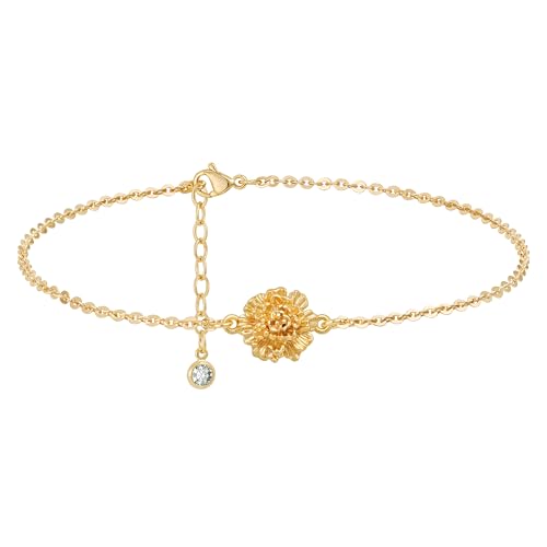 MYEARS Birth Flower Bracelets for Women Gold Sideways Charm 12 Months 14K Simple Dainty Chain Floral Jewelry Gift