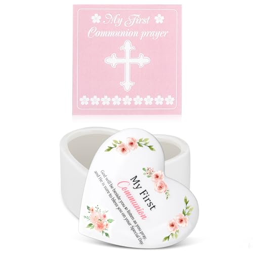 Funtery First Communion Gifts for Girls Ceramic Jewelry Keepsake Box with a Pray Card 1st Holy Communion Gifts for Girls B...