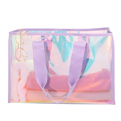 Clear Large Tote Bag for Women 26L Waterproof Iridescent Shoulder Handbags for Work Gym Pool Cruise Beach with Phone Pouch
