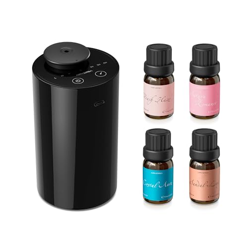 Airversa Waterless Essential Oil Diffuser Starter Kit with 4 x 10mL Fragrance Scent Oil, Battery Operated Mini Scent Air M...