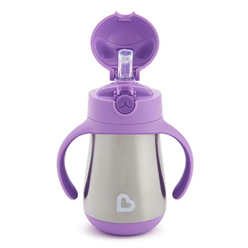 Munchkin Cool Cat Sippy Cup with Straw for Toddlers, Stainless Steel Straw Cup, 8 Ounce, Purple
