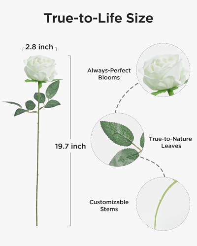 InnoGear 50 Pcs White Roses Artificial Flowers, Fake Velvet Silk Rose Bulk Faux Flower for Mother's Gift Decoration DIY We...