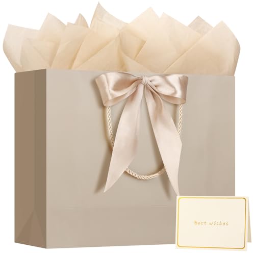 1PCS Large Gift Bag with Ribbon and 2 Tissue Paper 1 Greeting Card, Portable Paper Gift Bags with Handles, Paper Bags for ...