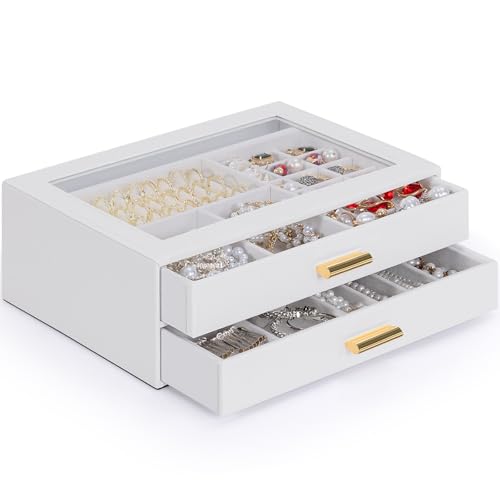 AKOZLIN Jewelry Box with Clear Lid Functional Leather Jewelry Storage Organizer Case 2 Drawers for Women Girls Necklace Ri...