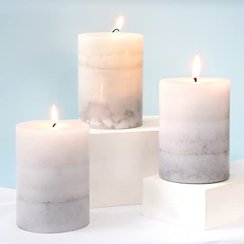 Set of 3 Scented Pillar Candles Creamy Coconut Scented 3" x 4" Long-Lasting Burn Candle White Gray Palette Pillar Candle C...
