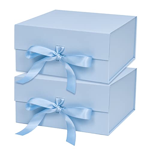WRAPAHOLIC 2Pcs Blue Gift Box with Satin Ribbon, 8x8x4 Inches Collapsible Gift Box with Magnetic Closure for Party, Weddin...
