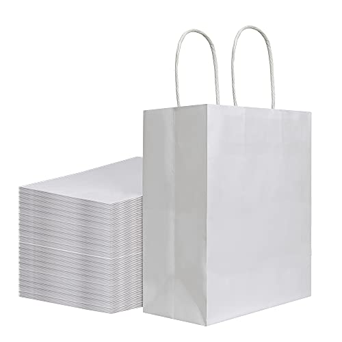 bagmad 100Pcs Pack 8x4.75x10 inch Medium White Kraft Paper Bags with Handles Bulk, Gift Bags, Craft Grocery Shopping Retai...