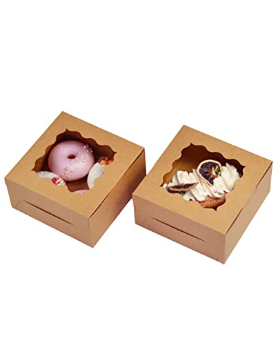 Bakepacker Brown 30-Packs Bakery Boxes with Window 6x6x3 inches Thick & Sturdy Macaroon Pastry Boxes Cookie Boxes for Bakerys