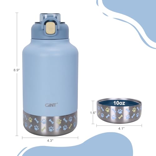 GiNT 37oz Insulated Stainless Steel Dog & Human Water Bottle, All-in-1 Travel Dispenser with Detachable Bowls & Carrying C...