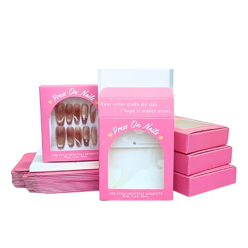 Press On Nails Packaging Box with Instructions Backing Cards Premium Pink Empty Nail Case for Nail Tech Small Business 20 Set