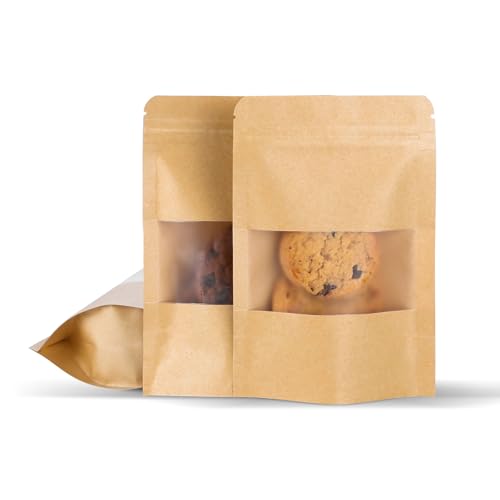 50 Pcs 4x6 Inch Kraft Paper Bags with Transparent Window, Stand Up Pouches,Smell Proof Bags,Resealable Bags for Small Busi...
