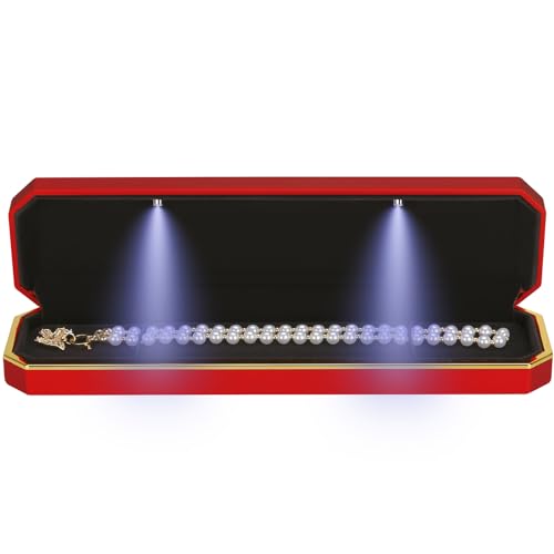 Luxury LED Necklace Long Chain Gift Box with LED Light, Velvet Jewelry Box Storage Case Organizer Holder (Red)