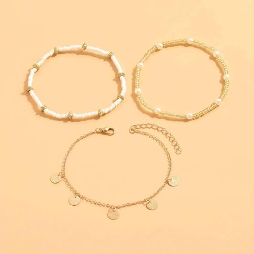 Qceasiy Shell Ankle Bracelet Set for Women, Gold Plated Boho Bead Adjustable Anklet, Hawaiian Beach Seashell Pearl Heart S...