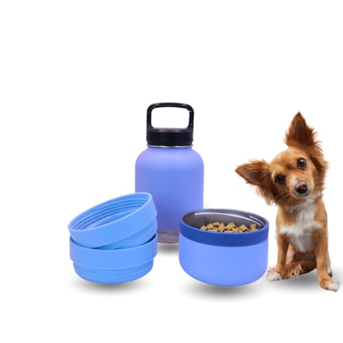 OhmyPet Pet Water Bottle Station with 3 Bowls and 32oz Bottle, Pink or Blue, for Dogs
