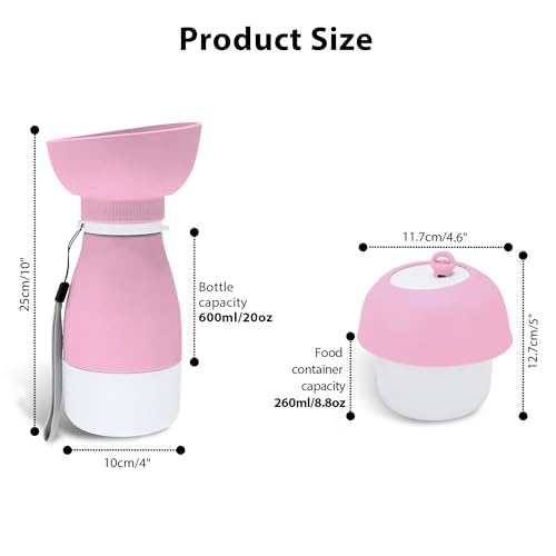 PawSailor Portable Pet Water Bottle - 20 oz with 8.8 oz Food Container,Silicone Leakproof Travel Bottle for Dogs Cats, Det...